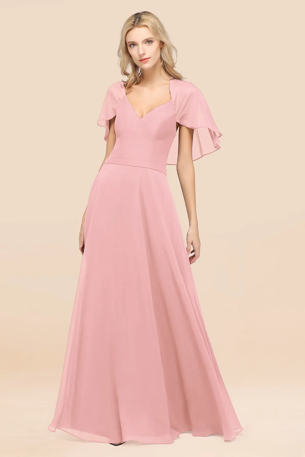 A-Line Chiffon Satin V-Neck Long Bridesmaid Dress with Short Sleeves