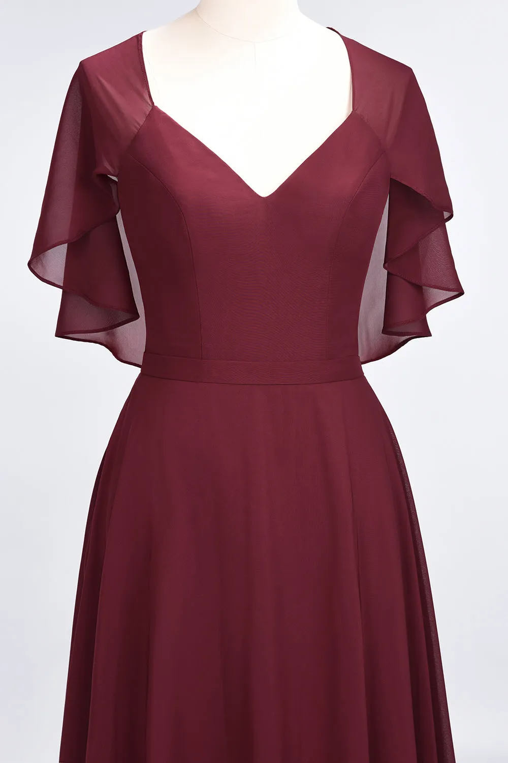 A-Line Chiffon Satin V-Neck Long Bridesmaid Dress with Short Sleeves