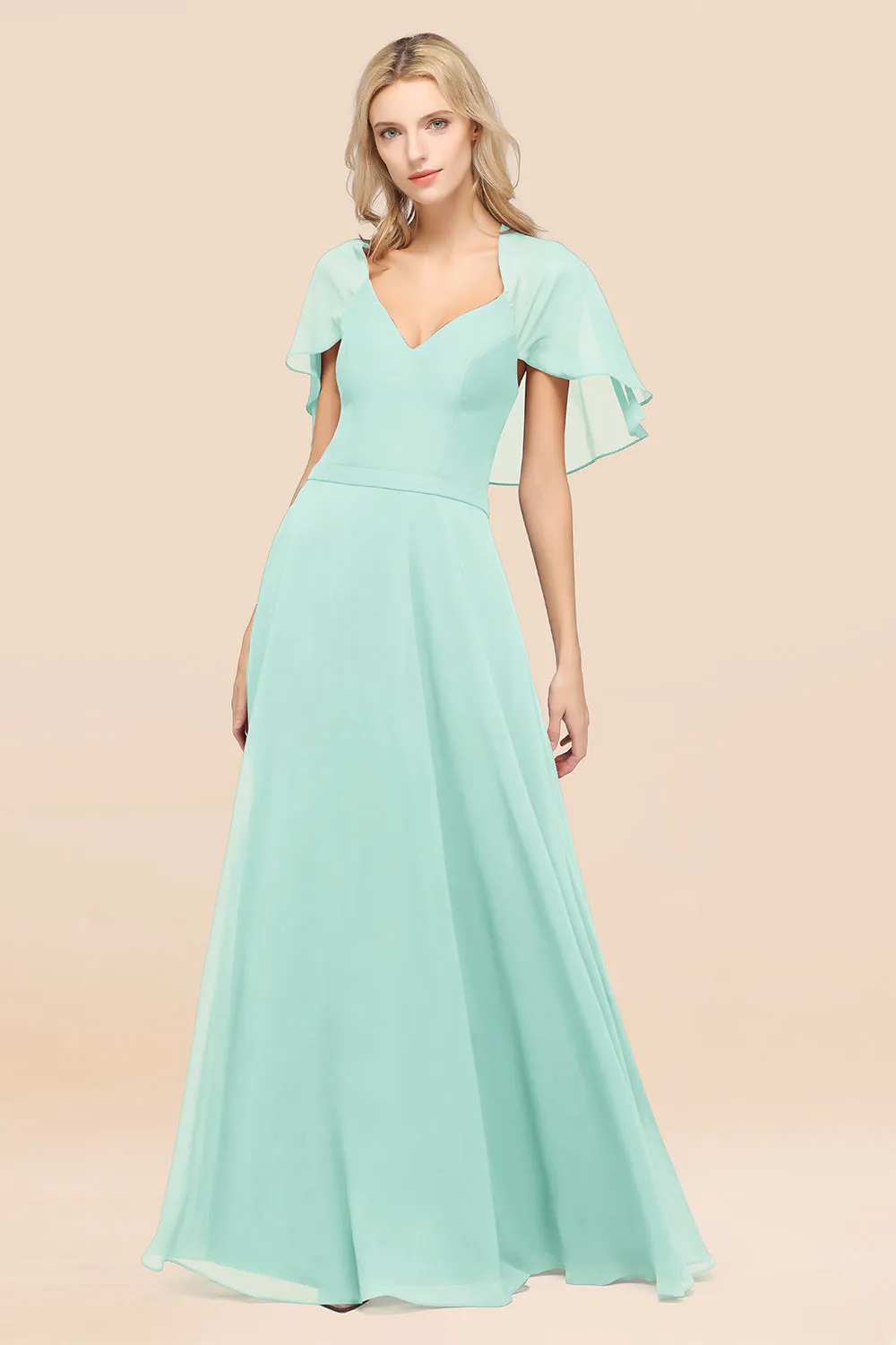A-Line Chiffon Satin V-Neck Long Bridesmaid Dress with Short Sleeves