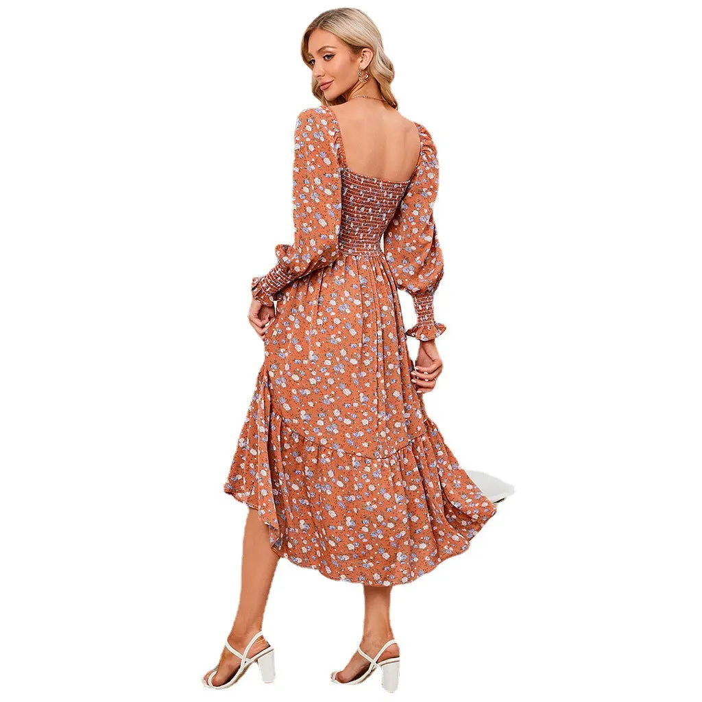 A-Z women's new square neck printed comfortable floral skirt
