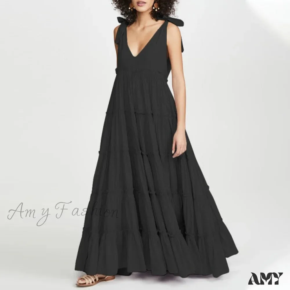 Amy Fashion - Fashion Lace Up V Neck Ruffles Sundress