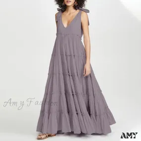 Amy Fashion - Fashion Lace Up V Neck Ruffles Sundress