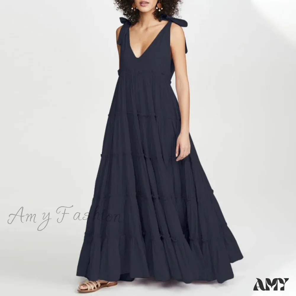Amy Fashion - Fashion Lace Up V Neck Ruffles Sundress