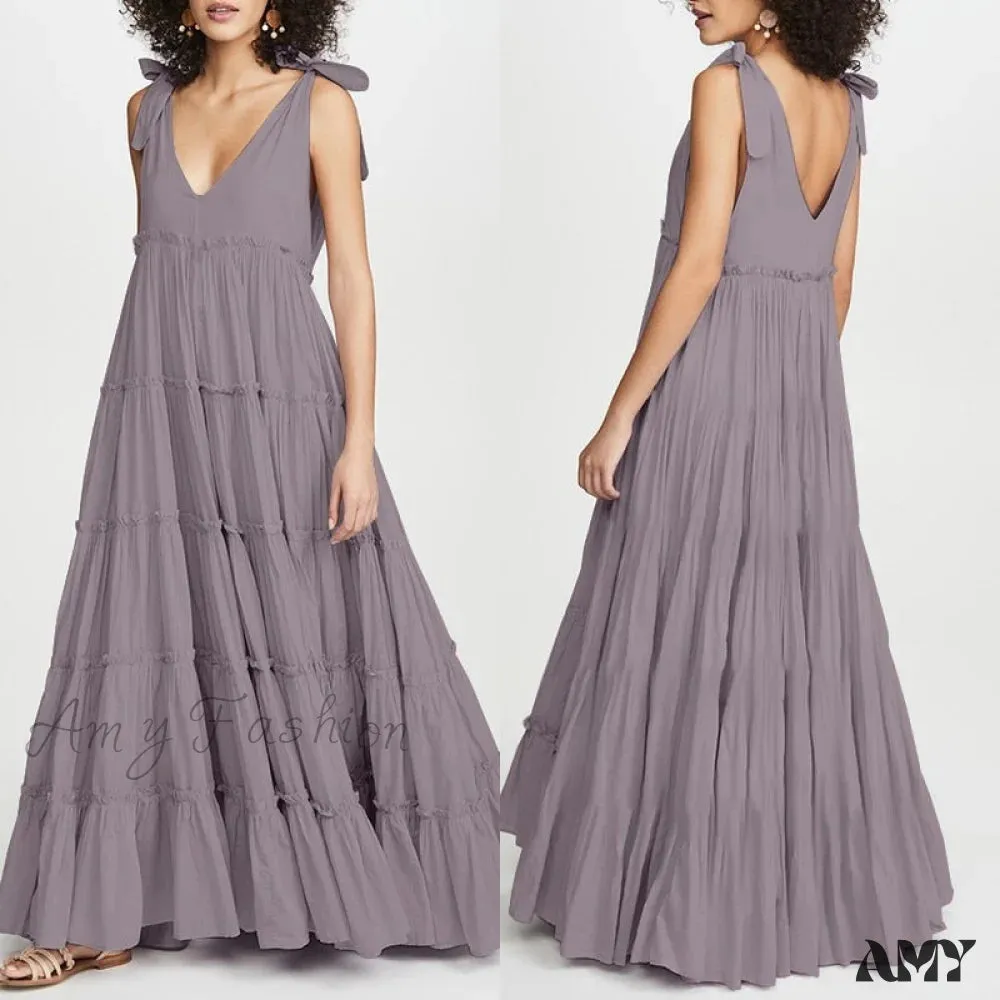 Amy Fashion - Fashion Lace Up V Neck Ruffles Sundress