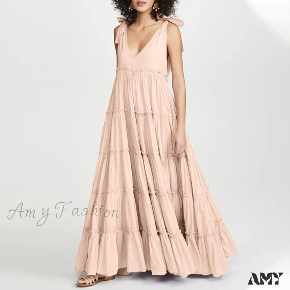 Amy Fashion - Fashion Lace Up V Neck Ruffles Sundress