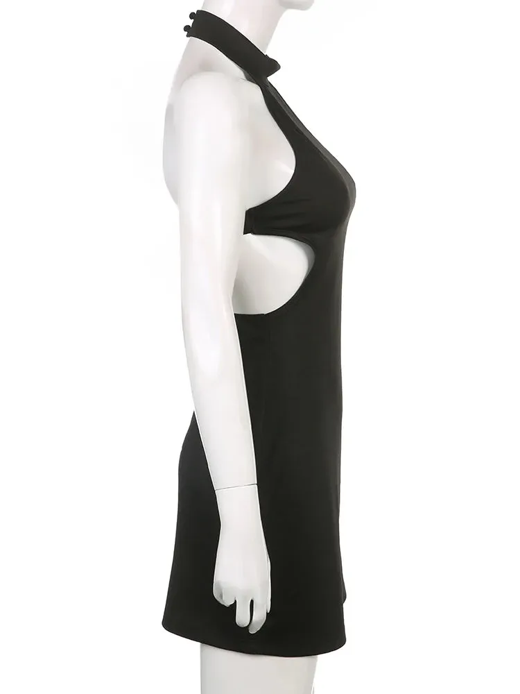 Backless Halter Neck Solid Tank Black Dress Summer Fashion Elegant Korean Female Dress Sleeveless Basic Sundress Mini