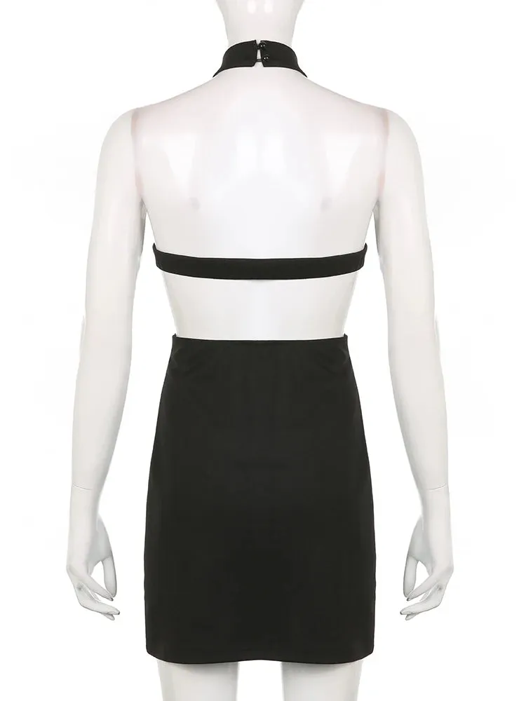 Backless Halter Neck Solid Tank Black Dress Summer Fashion Elegant Korean Female Dress Sleeveless Basic Sundress Mini