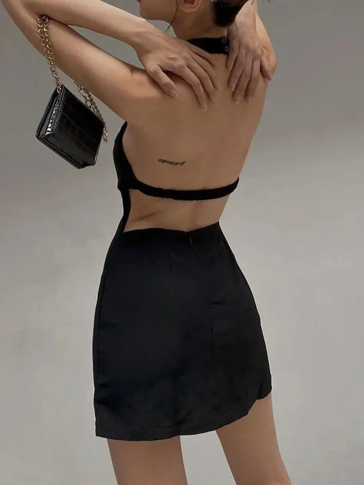Backless Halter Neck Solid Tank Black Dress Summer Fashion Elegant Korean Female Dress Sleeveless Basic Sundress Mini