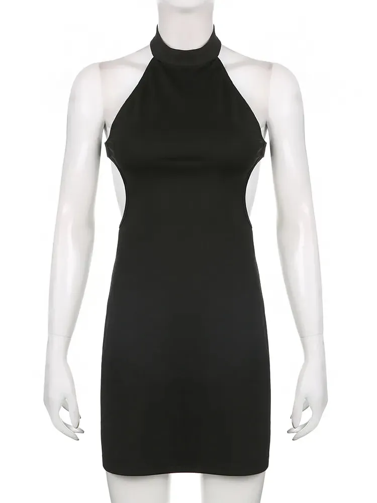 Backless Halter Neck Solid Tank Black Dress Summer Fashion Elegant Korean Female Dress Sleeveless Basic Sundress Mini
