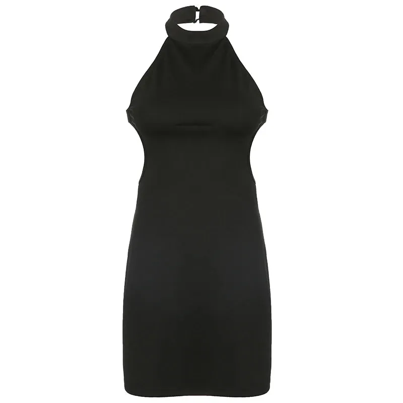 Backless Halter Neck Solid Tank Black Dress Summer Fashion Elegant Korean Female Dress Sleeveless Basic Sundress Mini
