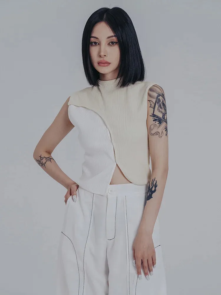 Beige Color-block Irregular Slit Tank Tops Blouse