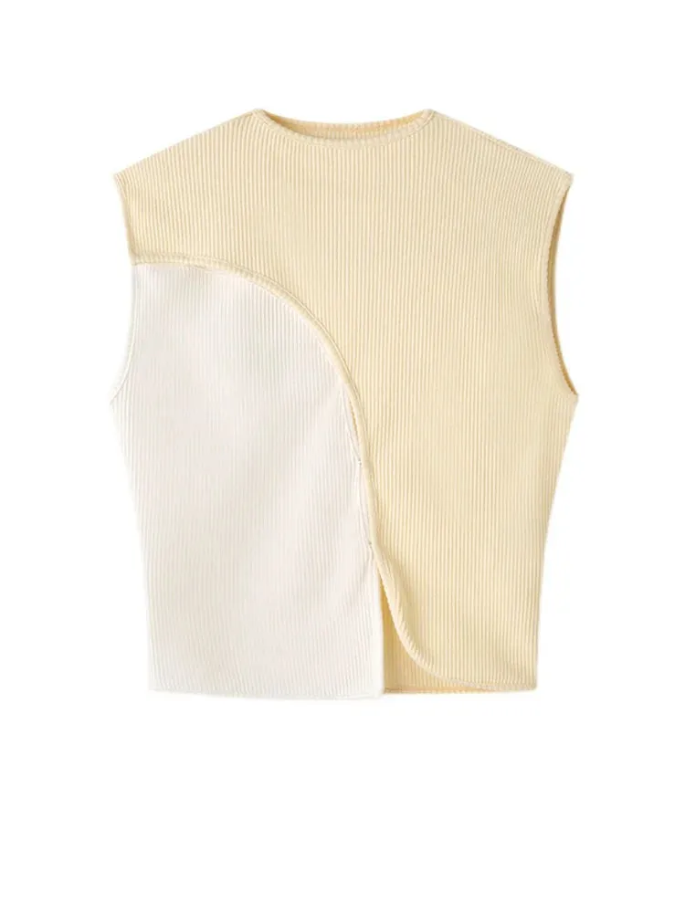 Beige Color-block Irregular Slit Tank Tops Blouse