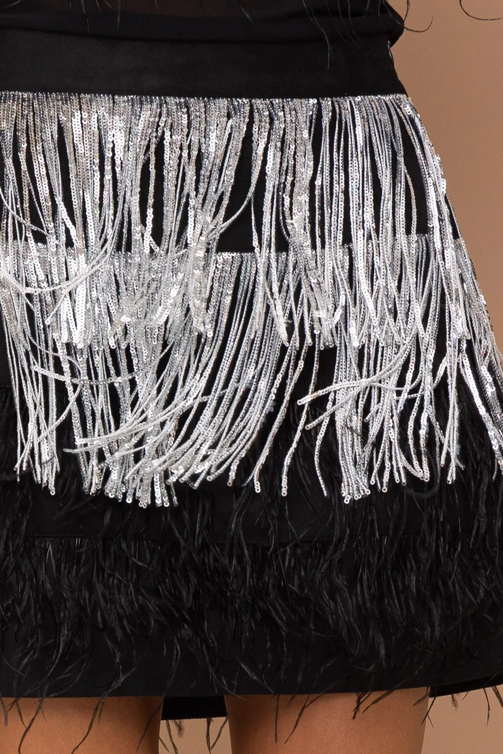 Black & Silver French Ostrich Sequin Skirt