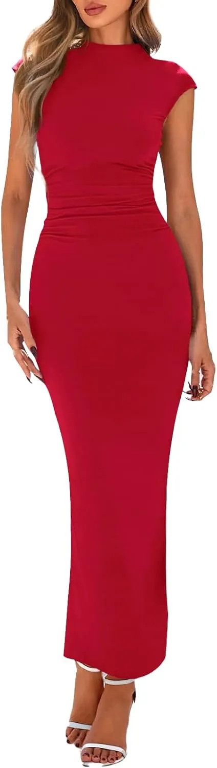 Bodycon Dresses for Women Summer Formal Wedding Guest Dresses Casual Ruched Elegant Maxi Cocktail Dress