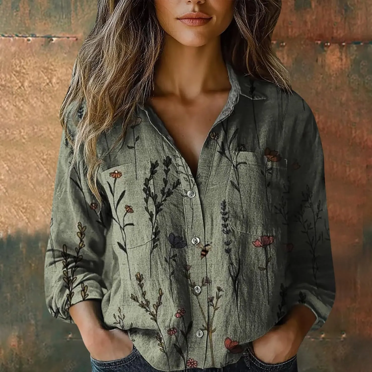 Boho Tops for Women Cotton Linen Button Down Muslin Blouses Vintage Floral Graphic Shirts Loose Fit Long Sleeve Blouse