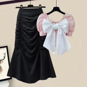 Bowknot Puff Sleeve T-Shirt High Waist Ruffled Skirt