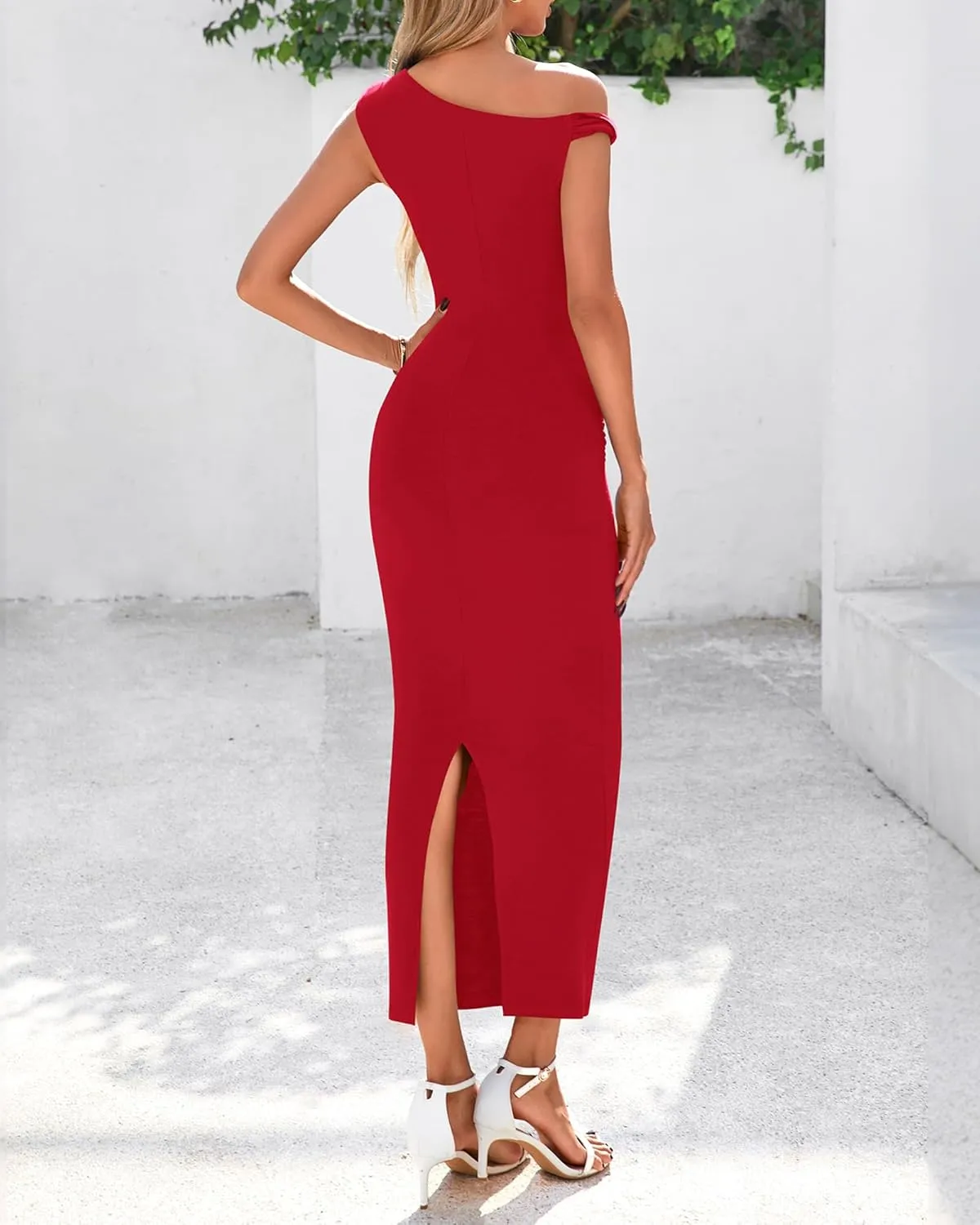 BTFBM Women's Formal Cocktail Dresses One Shoulder Twist Strap Sundress Ruched Bodycon Elegant Wedding Party Maxi Dress