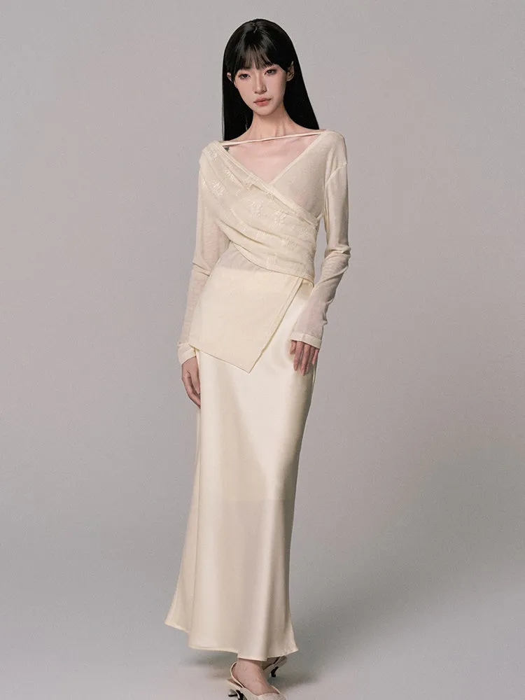 Cache-Coeur Sheer Asymmetry Satin Chic Blouse＆Long-Skirt