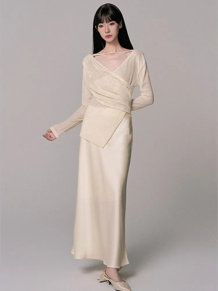 Cache-Coeur Sheer Asymmetry Satin Chic Blouse＆Long-Skirt