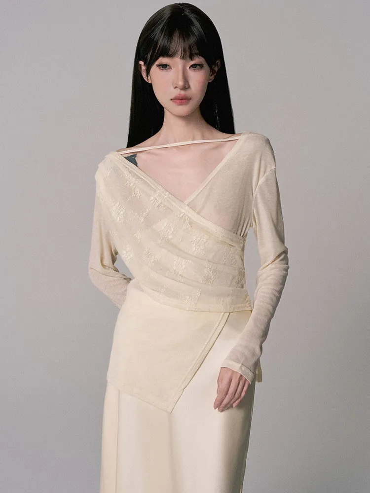 Cache-Coeur Sheer Asymmetry Satin Chic Blouse＆Long-Skirt