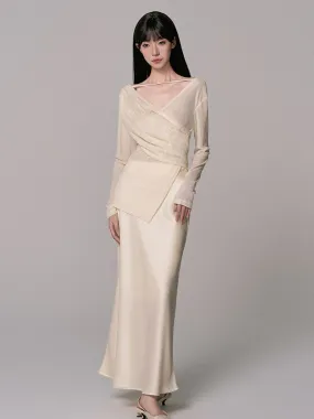 Cache-Coeur Sheer Asymmetry Satin Chic Blouse＆Long-Skirt