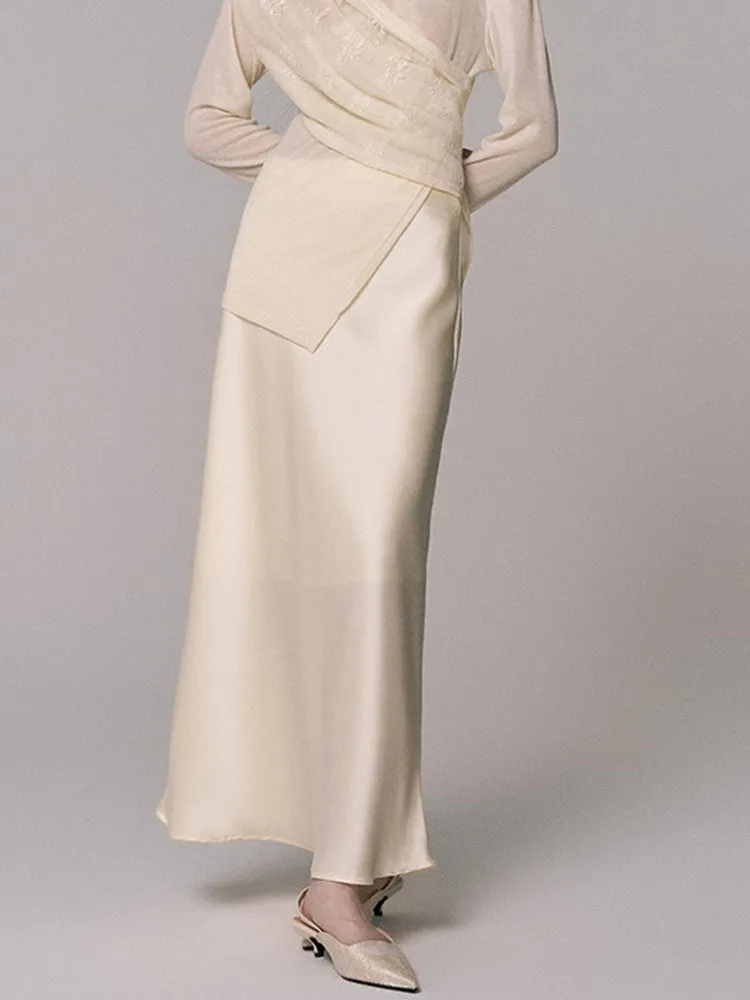Cache-Coeur Sheer Asymmetry Satin Chic Blouse＆Long-Skirt