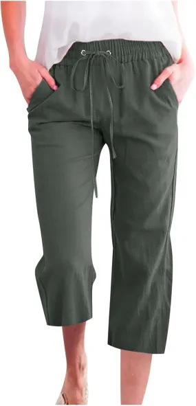 Capri Pants for Women Elegant Summer 2024 Drawstring Elastic High Waist Linen Pants Wide Leg Lounge Trendy