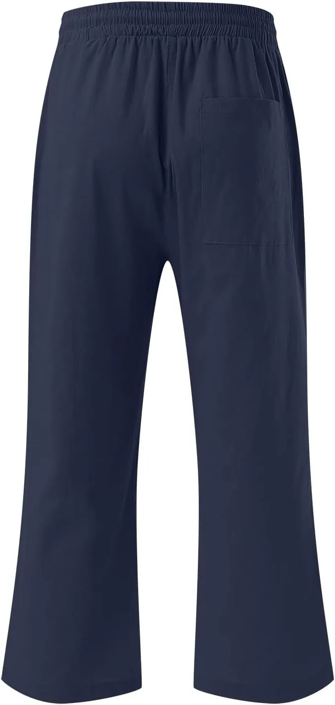 Capri Pants for Women Elegant Summer 2024 Drawstring Elastic High Waist Linen Pants Wide Leg Lounge Trendy