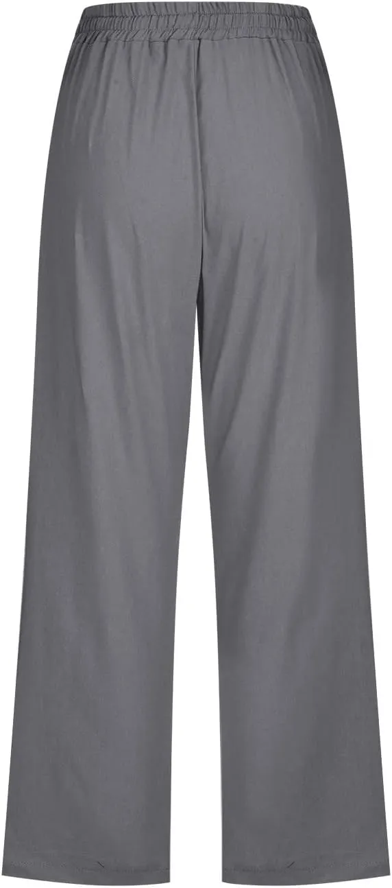 Capri Pants for Women Elegant Summer 2024 Drawstring Elastic High Waist Linen Pants Wide Leg Lounge Trendy