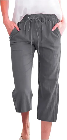 Capri Pants for Women Elegant Summer 2024 Drawstring Elastic High Waist Linen Pants Wide Leg Lounge Trendy