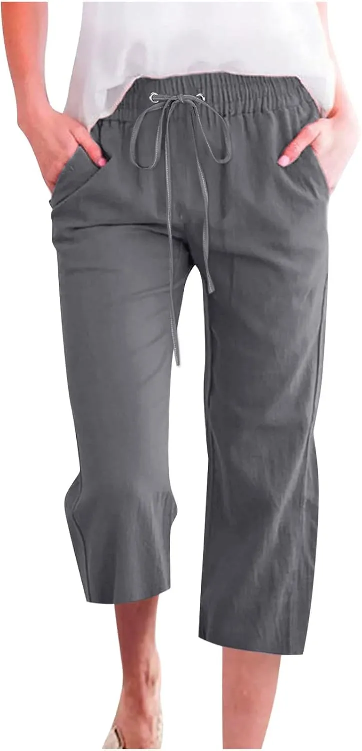 Capri Pants for Women Elegant Summer 2024 Drawstring Elastic High Waist Linen Pants Wide Leg Lounge Trendy