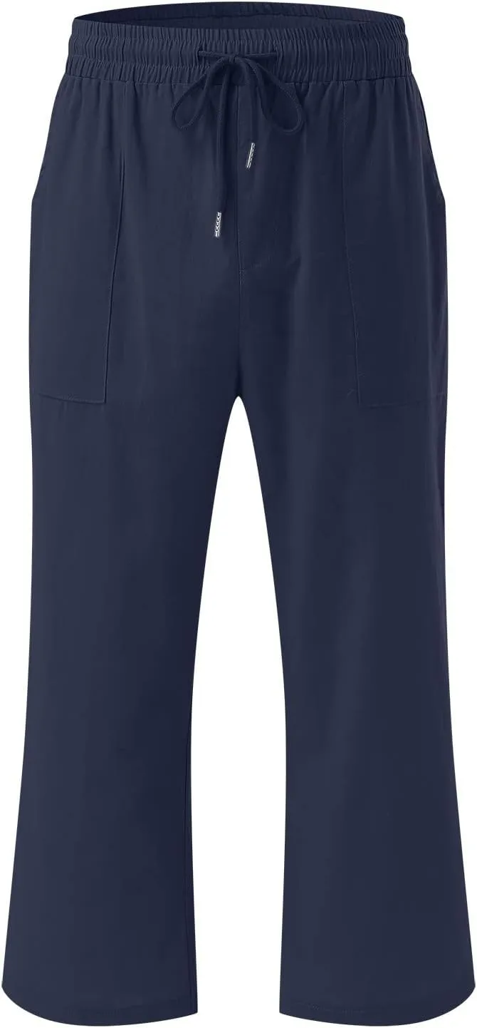 Capri Pants for Women Elegant Summer 2024 Drawstring Elastic High Waist Linen Pants Wide Leg Lounge Trendy