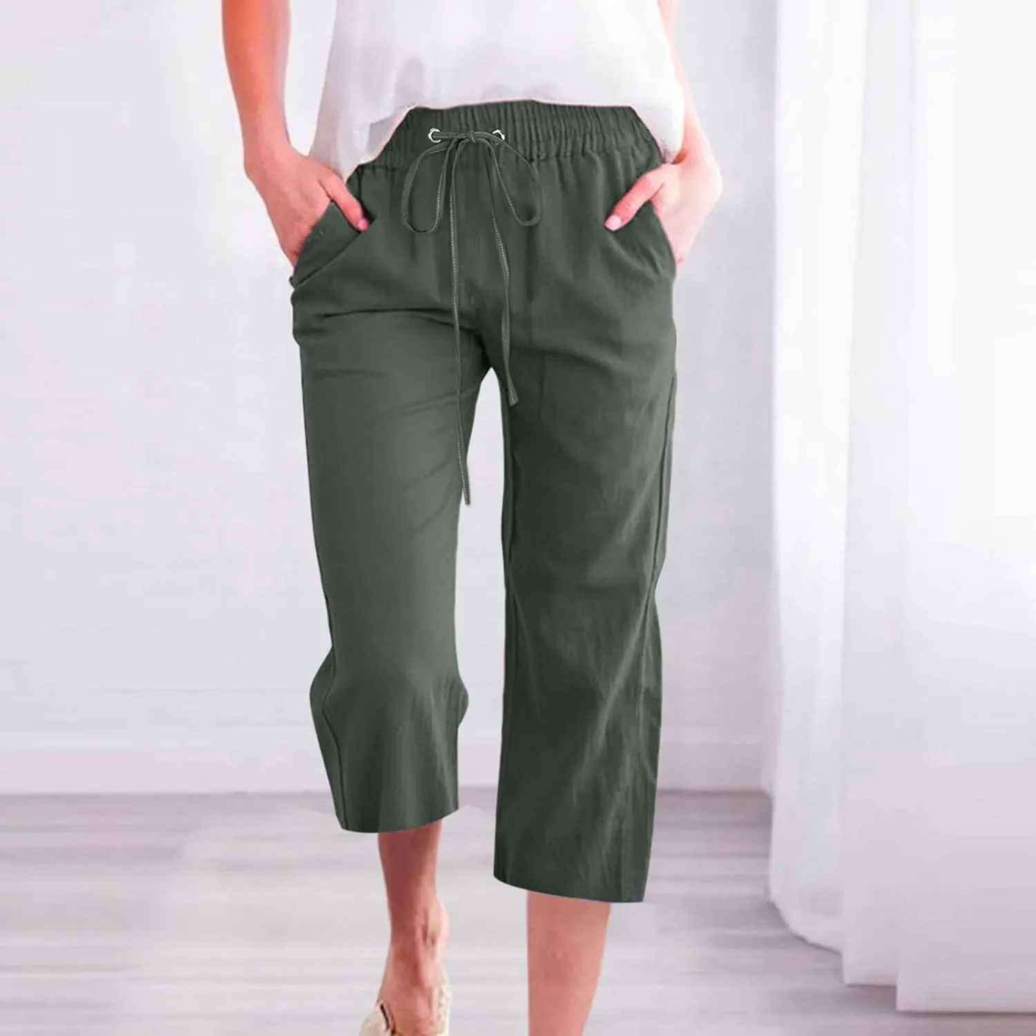 Capri Pants for Women Elegant Summer 2024 Drawstring Elastic High Waist Linen Pants Wide Leg Lounge Trendy