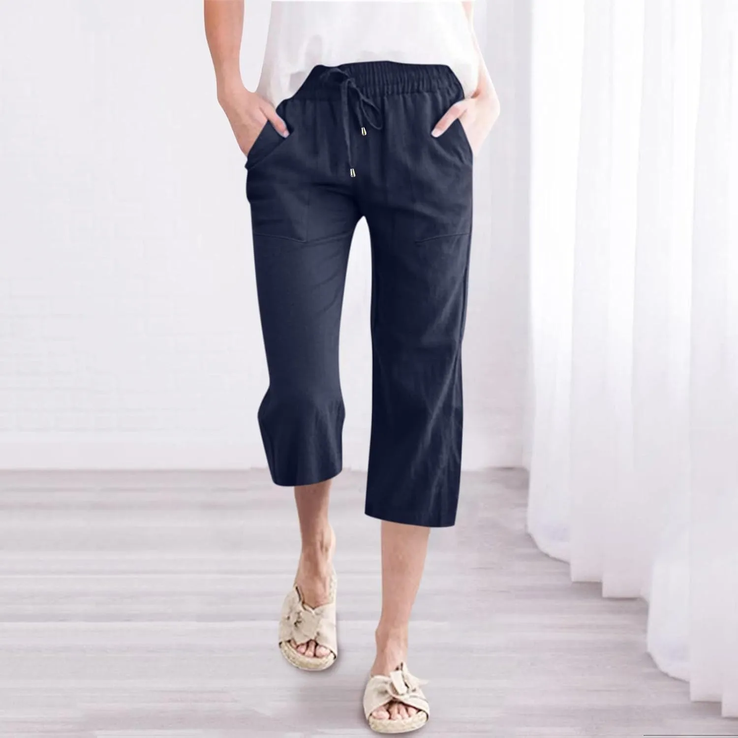 Capri Pants for Women Elegant Summer 2024 Drawstring Elastic High Waist Linen Pants Wide Leg Lounge Trendy