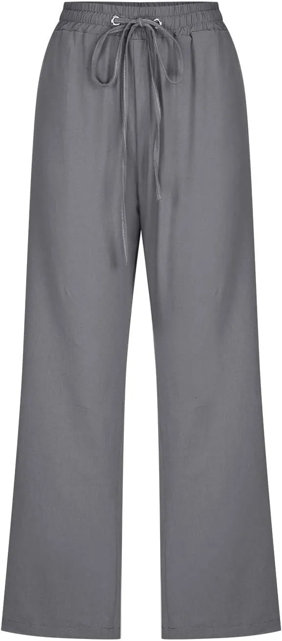 Capri Pants for Women Elegant Summer 2024 Drawstring Elastic High Waist Linen Pants Wide Leg Lounge Trendy