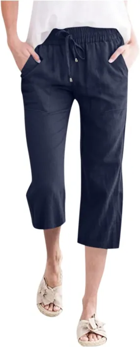 Capri Pants for Women Elegant Summer 2024 Drawstring Elastic High Waist Linen Pants Wide Leg Lounge Trendy