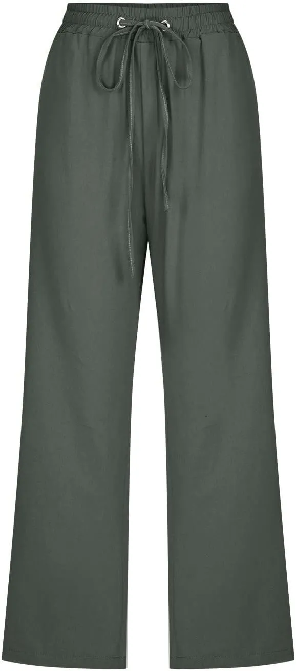 Capri Pants for Women Elegant Summer 2024 Drawstring Elastic High Waist Linen Pants Wide Leg Lounge Trendy