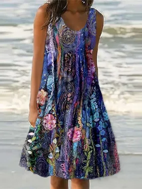 Casual Dress Shift Dress Sundress Midi Dress Purple Sleeveless Floral Pocket Spring Summer U Neck Vacation  S M L XL XXL 3XL for Women