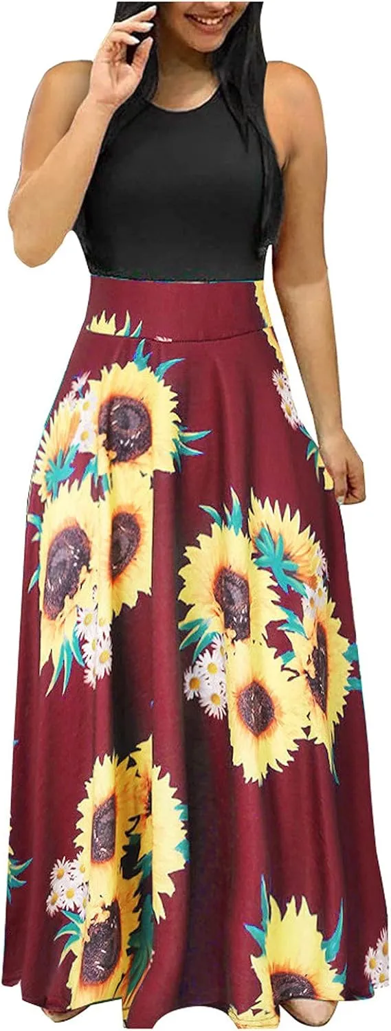 Casual Dresses for Women Floral Print Crew Neck Sundress High Waist Flowy Swing Bohemian Maxi Dress Summer Dresses