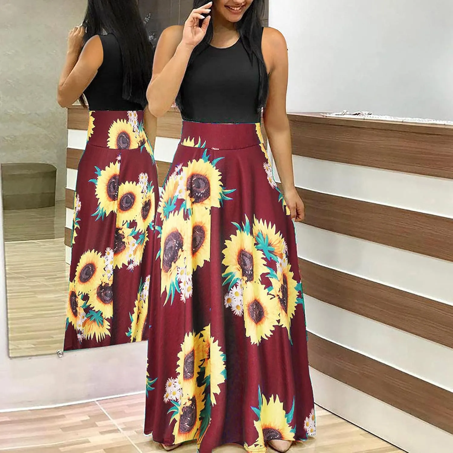 Casual Dresses for Women Floral Print Crew Neck Sundress High Waist Flowy Swing Bohemian Maxi Dress Summer Dresses