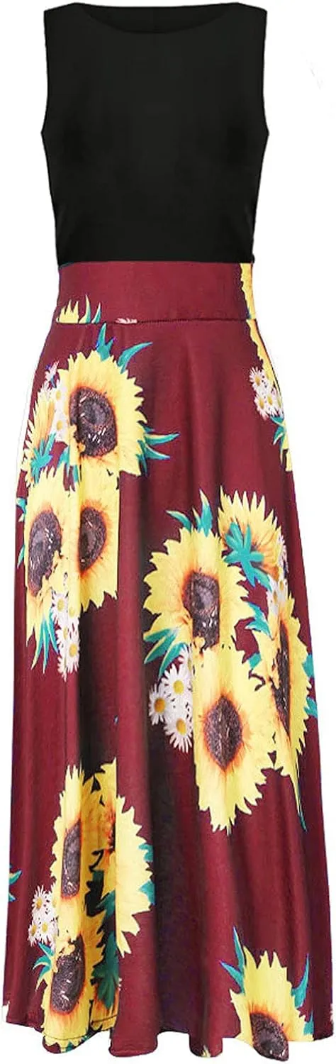 Casual Dresses for Women Floral Print Crew Neck Sundress High Waist Flowy Swing Bohemian Maxi Dress Summer Dresses