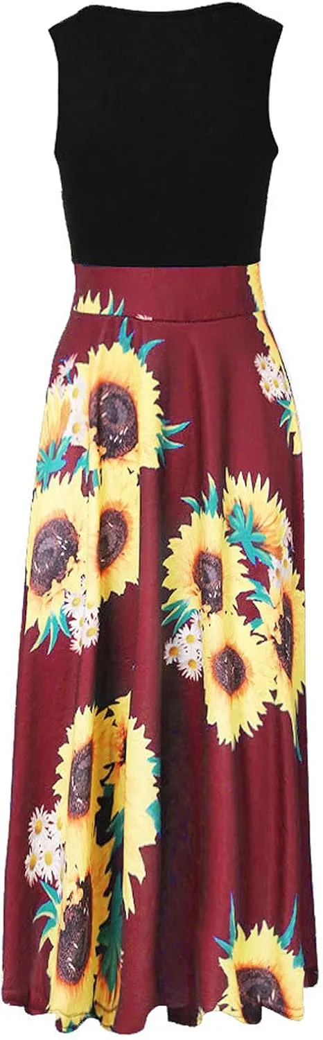 Casual Dresses for Women Floral Print Crew Neck Sundress High Waist Flowy Swing Bohemian Maxi Dress Summer Dresses