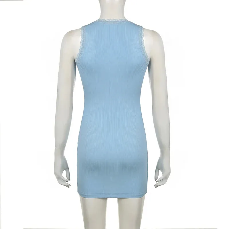 Casual Lace Trim Solid Basic Bodycon Summer Dress Women Sleeveless Vintage Y2K Aesthetic Sundress Mini Dress Outfits