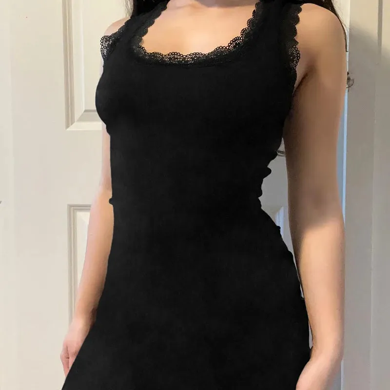 Casual Lace Trim Solid Basic Bodycon Summer Dress Women Sleeveless Vintage Y2K Aesthetic Sundress Mini Dress Outfits