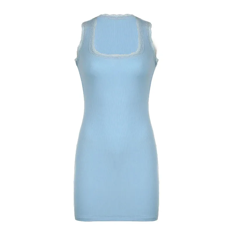 Casual Lace Trim Solid Basic Bodycon Summer Dress Women Sleeveless Vintage Y2K Aesthetic Sundress Mini Dress Outfits