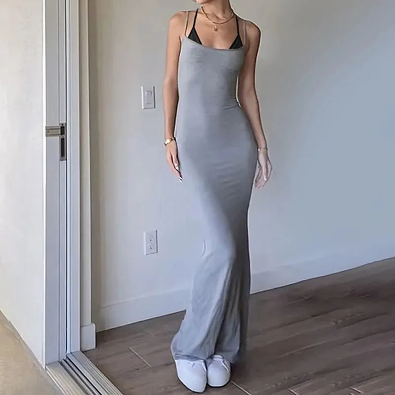Casual Patched Halter Basic Long Dress Female Sleeveless Holidays Streetwear Summer Dresses Contrast Color Sundress