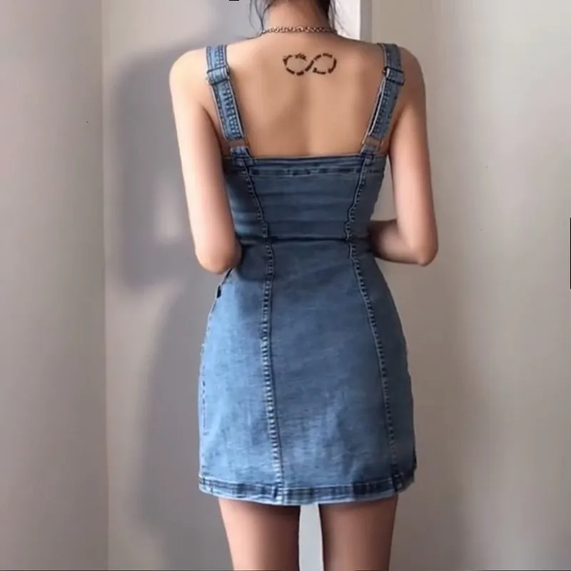 Chicmy M-4XL Large Size Stretch Denim Strap Dress Summer European And American Hot Girls Chic Spaghetti Strap Jeans Sundress Female