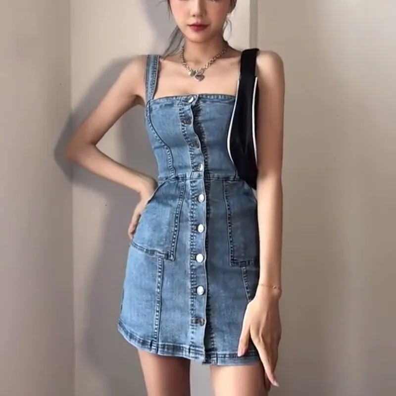 Chicmy M-4XL Large Size Stretch Denim Strap Dress Summer European And American Hot Girls Chic Spaghetti Strap Jeans Sundress Female
