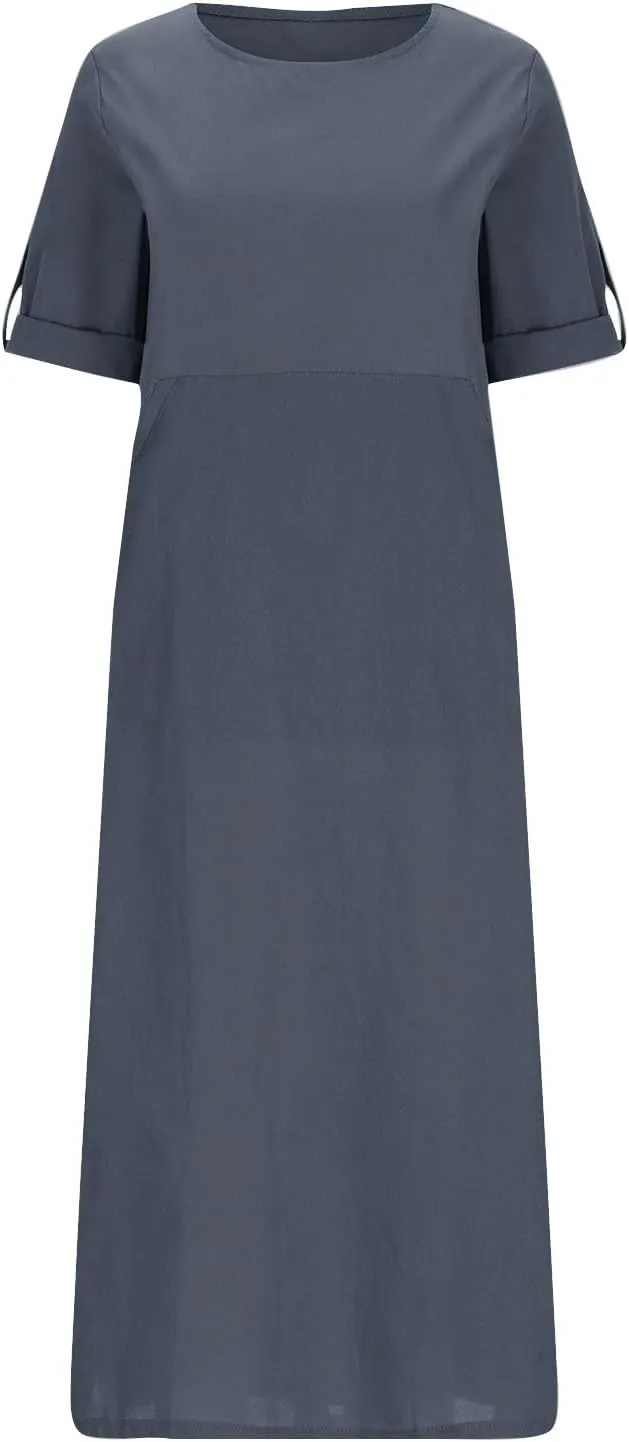 Cotton Linen Summer Dress for Women Short Sleeve Casual Crewneck Dresses Fashion Solid Color Dress with Pockets