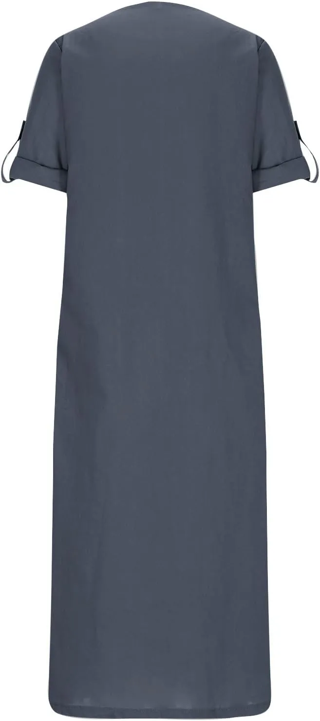 Cotton Linen Summer Dress for Women Short Sleeve Casual Crewneck Dresses Fashion Solid Color Dress with Pockets